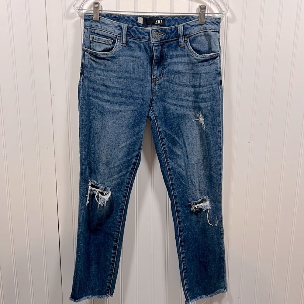 Kut from the Kloth mid rise distressed raw hem straight leg jean